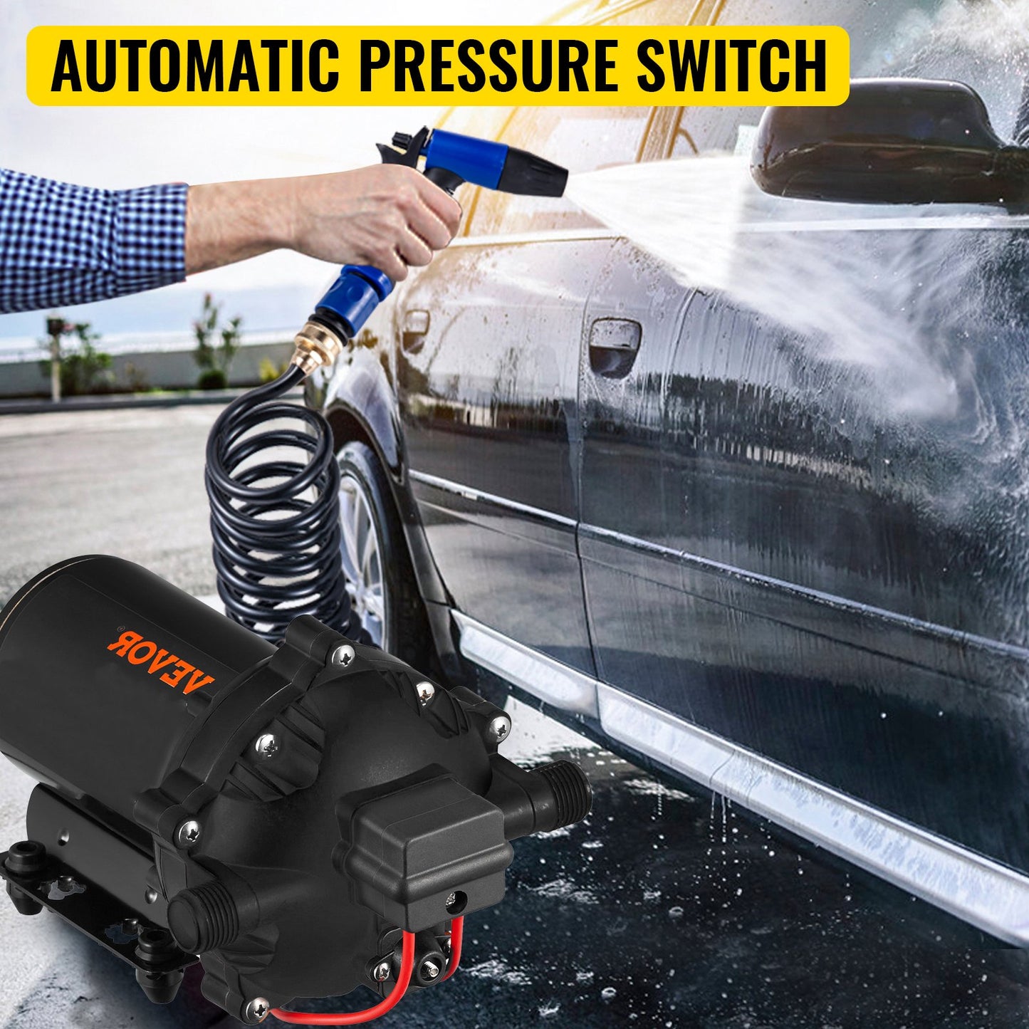 VEVOR RV Water Pump 5.3 GPM 5.5 Gallons Per Minute 12V Water Pump Automatic 70 PSI Diaphragm Pump with 25 Foot Coiled Hose Washdown Pumps for Boats Caravan Rv Marine Yacht