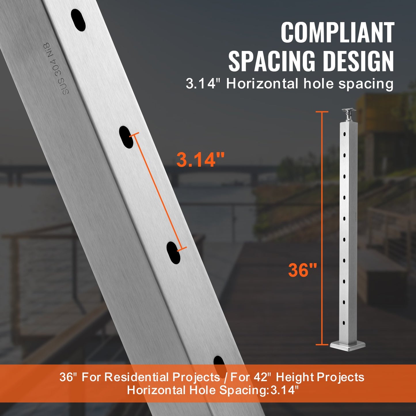 VEVOR Cable Railing Post, 36" x 2" x 2" Steel Horizontal Hole Deck Railing Post, 10 Pre-Drilled Holes, SUS304 Stainless Steel Cable Rail Post with Horizontal and Curved Bracket, 1-Pack, Silver, 91.4*5*5 cm