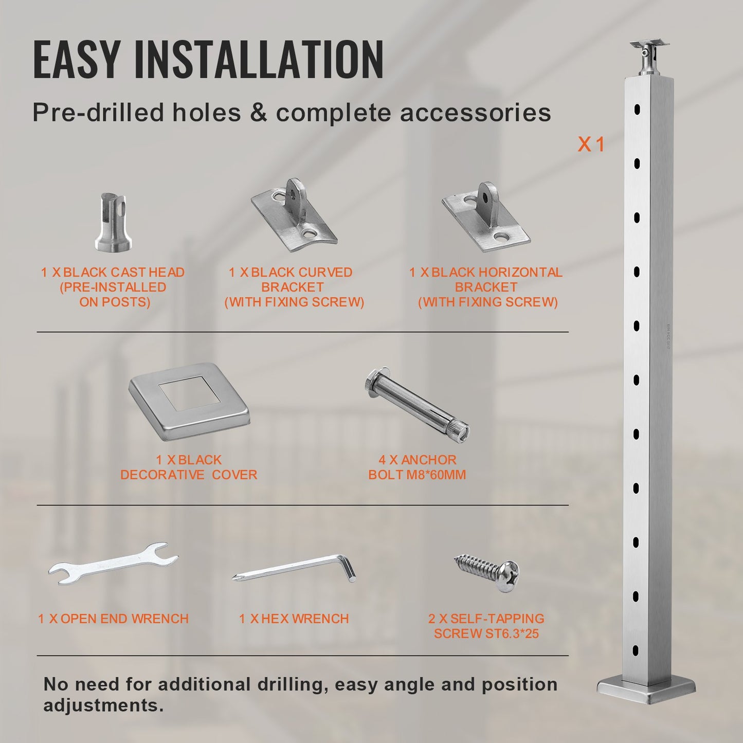 VEVOR Cable Railing Post, 36" x 2" x 2" Steel Horizontal Hole Deck Railing Post, 10 Pre-Drilled Holes, SUS304 Stainless Steel Cable Rail Post with Horizontal and Curved Bracket, 1-Pack, Silver, 91.4*5*5 cm