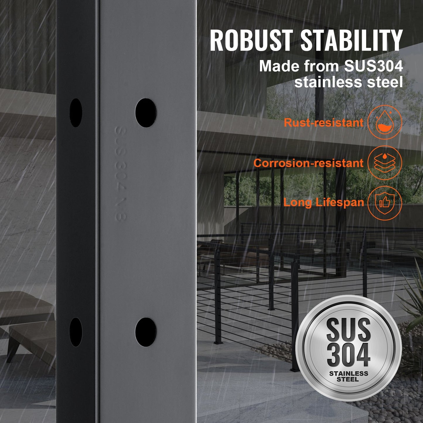 VEVOR Cable Railing Post, 42" x 1" x 2" Steel L-Shaped Hole Corner Railing Post, 12 Pre-Drilled Holes, SUS304 Stainless Steel Cable Rail Post with Horizontal and Curved Bracket, 1-Pack, Black, 106.7*2.5*5 cm
