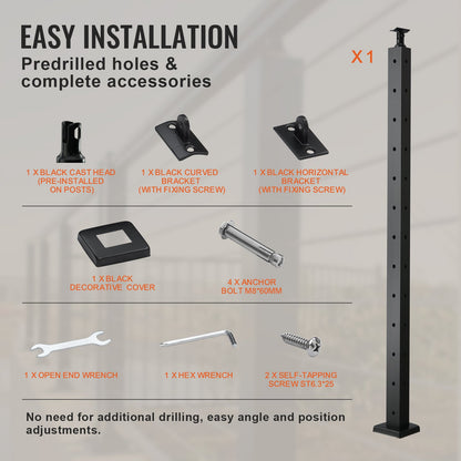 VEVOR Cable Railing Post, 42" x 1" x 2" Steel L-Shaped Hole Corner Railing Post, 12 Pre-Drilled Holes, SUS304 Stainless Steel Cable Rail Post with Horizontal and Curved Bracket, 1-Pack, Black, 106.7*2.5*5 cm