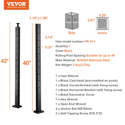 VEVOR Cable Railing Post, 42" x 1" x 2" Steel L-Shaped Hole Corner Railing Post, 12 Pre-Drilled Holes, SUS304 Stainless Steel Cable Rail Post with Horizontal and Curved Bracket, 1-Pack, Black, 106.7*2.5*5 cm