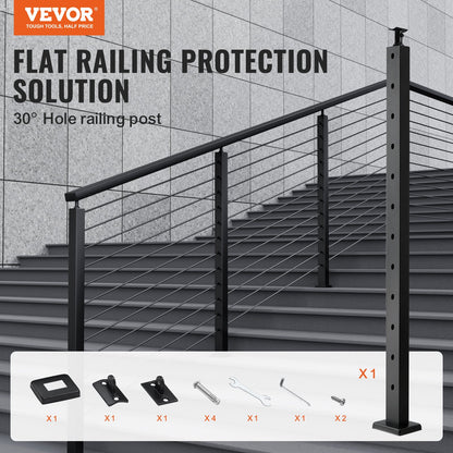 VEVOR Cable Railing Post, 42" x 1" x 2" Steel Angled Hole Stair Railing Post, 12 Pre-Drilled Holes, SUS304 Stainless Steel Cable Rail Post with Horizontal and Curved Bracket, 1-Pack, Black, 106.7*2.5*5 cm