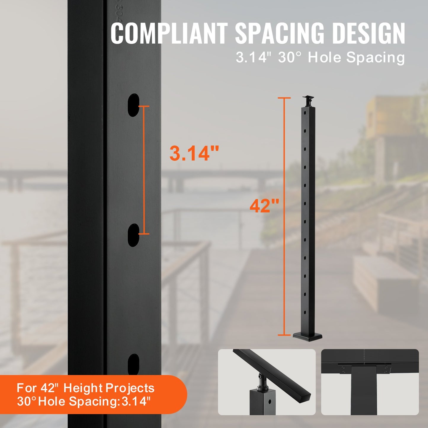 VEVOR Cable Railing Post, 42" x 1" x 2" Steel Angled Hole Stair Railing Post, 12 Pre-Drilled Holes, SUS304 Stainless Steel Cable Rail Post with Horizontal and Curved Bracket, 1-Pack, Black, 106.7*2.5*5 cm
