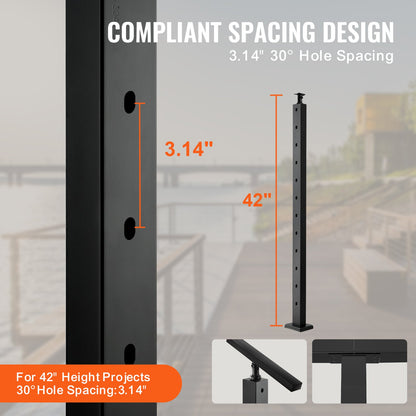 VEVOR Cable Railing Post, 42" x 1" x 2" Steel Angled Hole Stair Railing Post, 12 Pre-Drilled Holes, SUS304 Stainless Steel Cable Rail Post with Horizontal and Curved Bracket, 1-Pack, Black, 106.7*2.5*5 cm