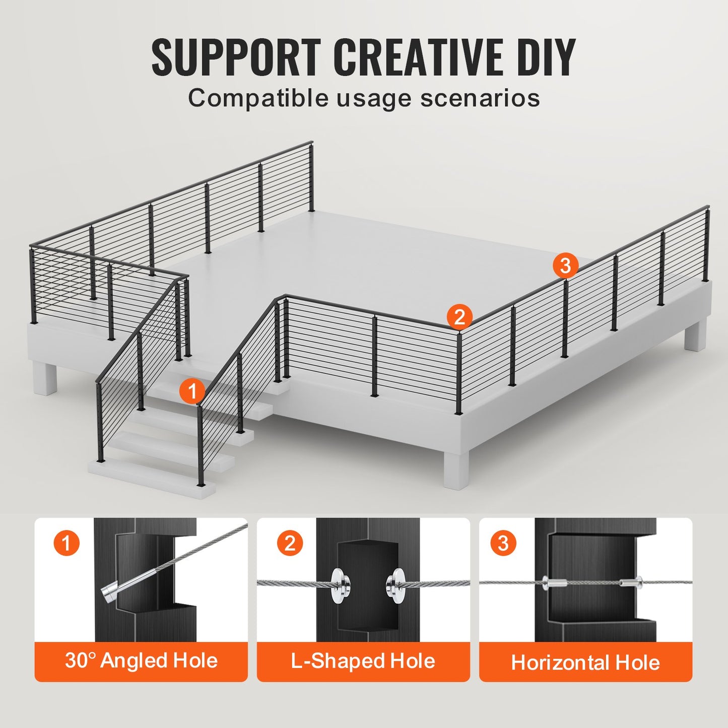 VEVOR Cable Railing Post, 42" x 1" x 2" Steel Angled Hole Stair Railing Post, 12 Pre-Drilled Holes, SUS304 Stainless Steel Cable Rail Post with Horizontal and Curved Bracket, 1-Pack, Black, 106.7*2.5*5 cm