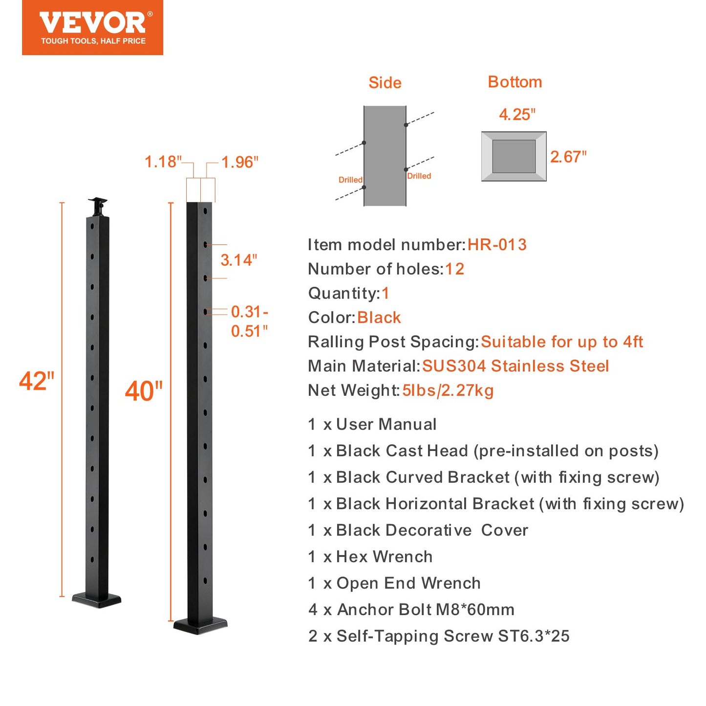 VEVOR Cable Railing Post, 42" x 1" x 2" Steel Angled Hole Stair Railing Post, 12 Pre-Drilled Holes, SUS304 Stainless Steel Cable Rail Post with Horizontal and Curved Bracket, 1-Pack, Black, 106.7*2.5*5 cm