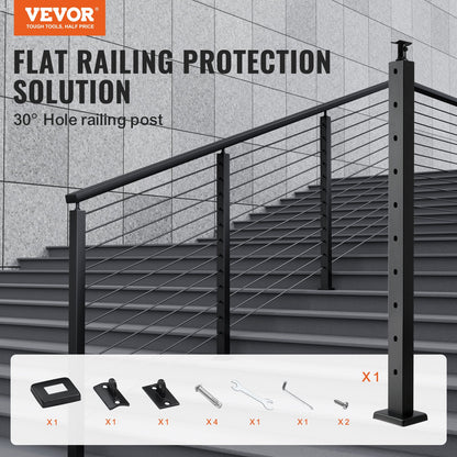 VEVOR Cable Railing Post, 36" x 1" x 2" Angled Hole Stair Railing Post, 10 Pre-Drilled Holes, SUS304 Stainless Steel Cable Rail Post with Horizontal and Curved Bracket, 1-Pack, Black, 91.4*2.5*5 cm