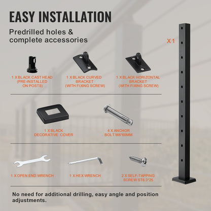 VEVOR Cable Railing Post, 36" x 1" x 2" Angled Hole Stair Railing Post, 10 Pre-Drilled Holes, SUS304 Stainless Steel Cable Rail Post with Horizontal and Curved Bracket, 1-Pack, Black, 91.4*2.5*5 cm
