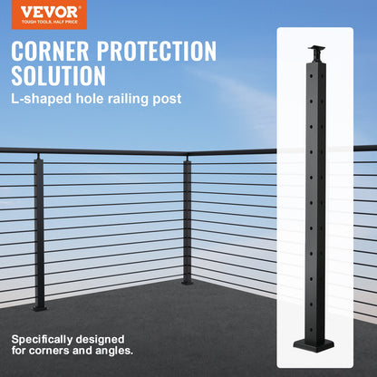 VEVOR Cable Railing Post, 36" x 1" x 2" Steel L-Shaped Hole Corner Railing Post, 10 Pre-Drilled Holes, SUS304 Stainless Steel Cable Rail Post with Horizontal and Curved Bracket, 1-Pack, Black ,91.4*2.5*5 cm
