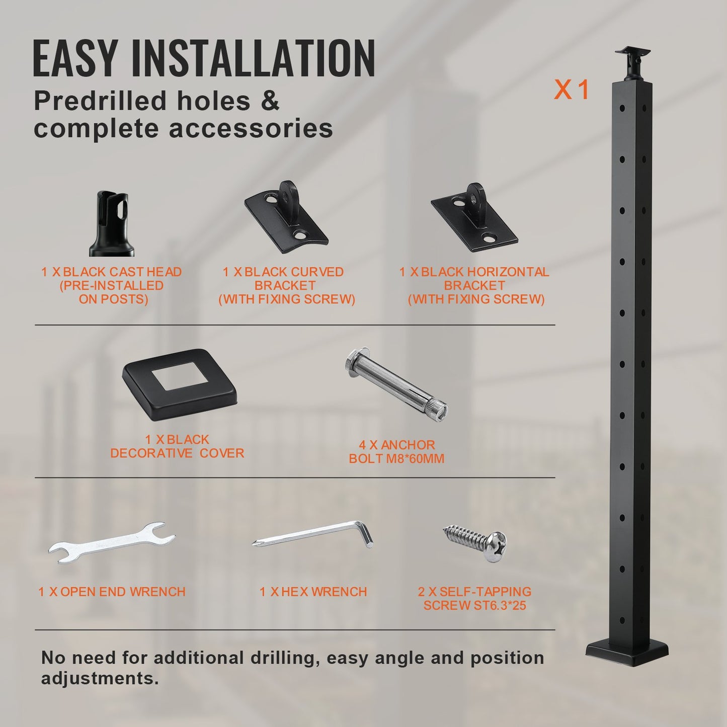 VEVOR Cable Railing Post, 36" x 1" x 2" Steel L-Shaped Hole Corner Railing Post, 10 Pre-Drilled Holes, SUS304 Stainless Steel Cable Rail Post with Horizontal and Curved Bracket, 1-Pack, Black ,91.4*2.5*5 cm