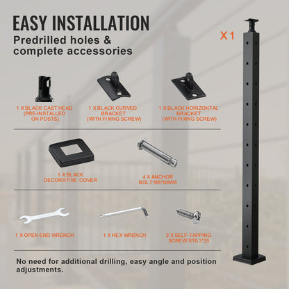 VEVOR Cable Railing Post, 36" x 1" x 2" Steel L-Shaped Hole Corner Railing Post, 10 Pre-Drilled Holes, SUS304 Stainless Steel Cable Rail Post with Horizontal and Curved Bracket, 1-Pack, Black ,91.4*2.5*5 cm