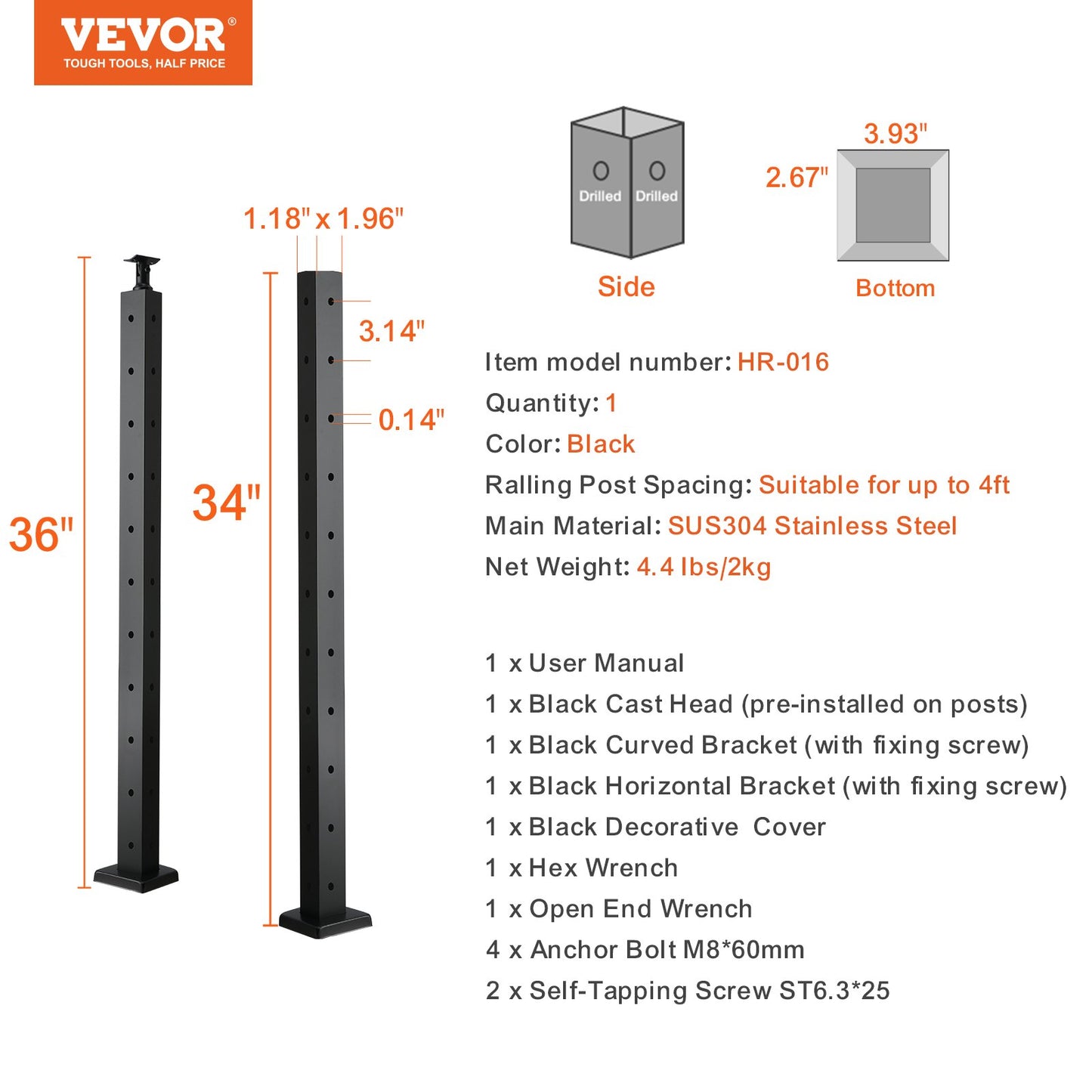 VEVOR Cable Railing Post, 36" x 1" x 2" Steel L-Shaped Hole Corner Railing Post, 10 Pre-Drilled Holes, SUS304 Stainless Steel Cable Rail Post with Horizontal and Curved Bracket, 1-Pack, Black ,91.4*2.5*5 cm