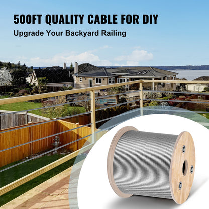 VEVOR 1/8 Stainless Steel Cable Railing 500ft, Wire Rope 316 Marine Grade, Braided Aircraft Cable 7x7 Strands Construction for Deck Rail Balusters Stair Handrail Porch Fence