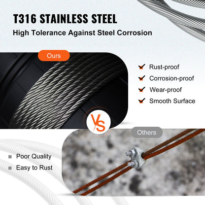 VEVOR 1/8 Stainless Steel Cable Railing 500ft, Wire Rope 316 Marine Grade, Braided Aircraft Cable 7x7 Strands Construction for Deck Rail Balusters Stair Handrail Porch Fence