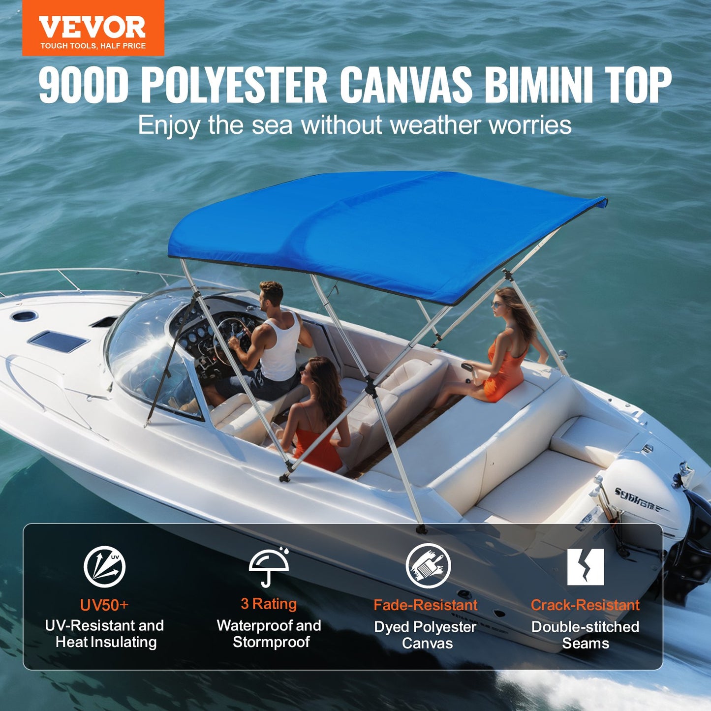 3 Bow Bimini Top Boat Cover, 900D Polyester Canopy with 1" Aluminum Alloy Frame, Waterproof and Sun Shade, Includes Storage Boot, 2 Support Poles, 4 Straps, 6'L x 46"H x 54"-60"W, Pacific Blue