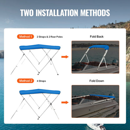 3 Bow Bimini Top Boat Cover, 900D Polyester Canopy with 1" Aluminum Alloy Frame, Waterproof and Sun Shade, Includes Storage Boot, 2 Support Poles, 4 Straps, 6'L x 46"H x 54"-60"W, Pacific Blue
