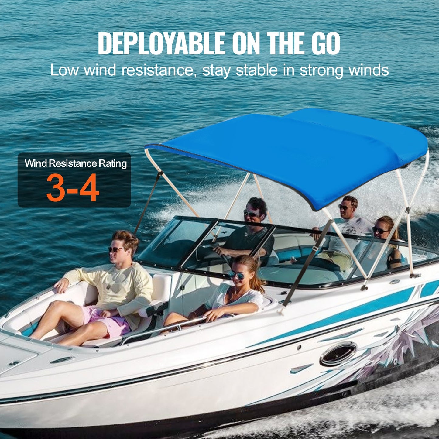 3 Bow Bimini Top Boat Cover, 900D Polyester Canopy with 1" Aluminum Alloy Frame, Waterproof and Sun Shade, Includes Storage Boot, 2 Support Poles, 4 Straps, 6'L x 46"H x 54"-60"W, Pacific Blue