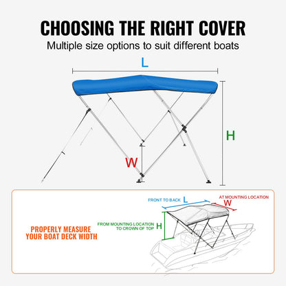 3 Bow Bimini Top Boat Cover, 900D Polyester Canopy with 1" Aluminum Alloy Frame, Waterproof and Sun Shade, Includes Storage Boot, 2 Support Poles, 4 Straps, 6'L x 46"H x 54"-60"W, Pacific Blue