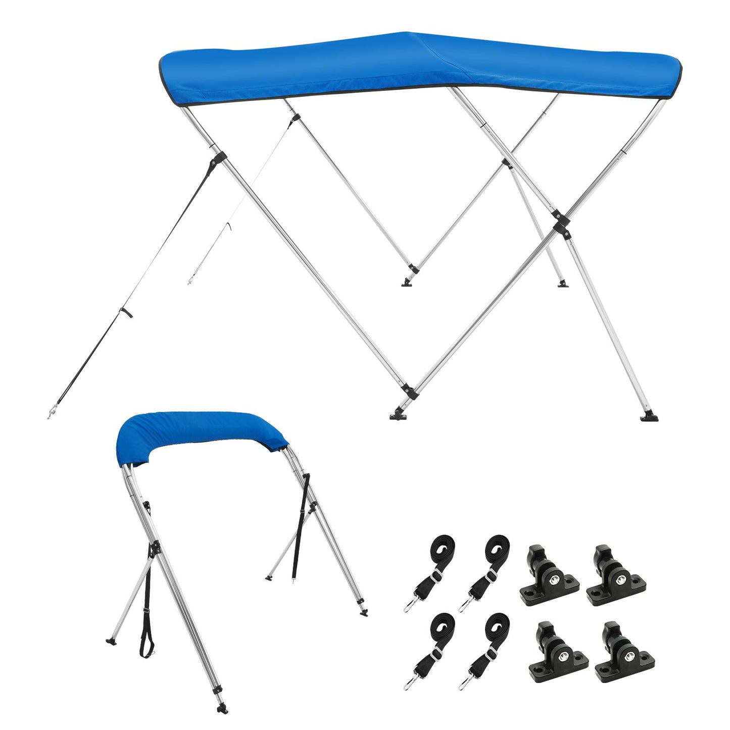 3 Bow Bimini Top Boat Cover, 900D Polyester Canopy with 1" Aluminum Alloy Frame, Waterproof and Sun Shade, Includes Storage Boot, 2 Support Poles, 4 Straps, 6'L x 46"H x 54"-60"W, Pacific Blue