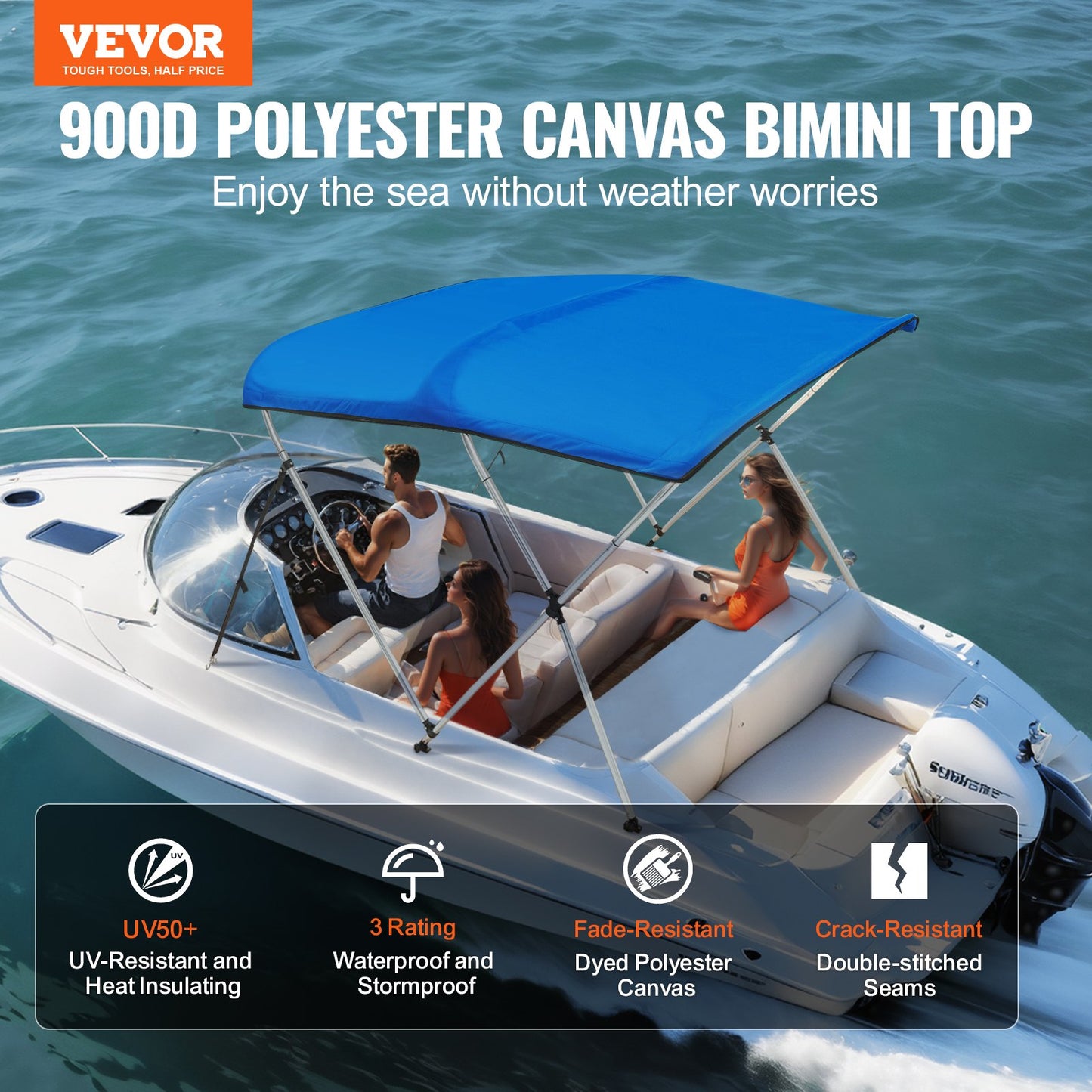 3 Bow Bimini Top Boat Cover, 900D Polyester Canopy with 1" Aluminum Alloy Frame, Waterproof and Sun Shade, Includes Storage Boot, 2 Support Poles, 4 Straps, 6'L x 46"H x 61"-66"W, Pacific Blue
