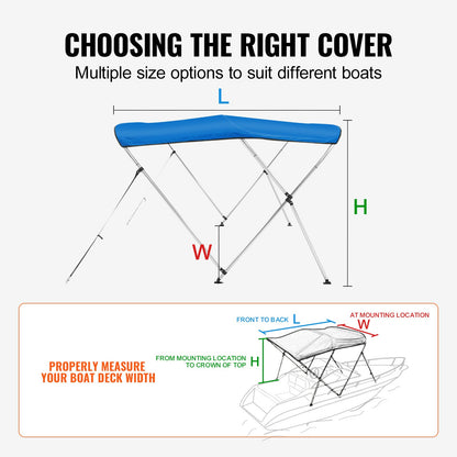 3 Bow Bimini Top Boat Cover, 900D Polyester Canopy with 1" Aluminum Alloy Frame, Waterproof and Sun Shade, Includes Storage Boot, 2 Support Poles, 4 Straps, 6'L x 46"H x 61"-66"W, Pacific Blue