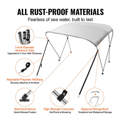 3 Bow Bimini Top Boat Cover, 900D Polyester Canopy with 1" Aluminum Alloy Frame, Waterproof and Sun Shade, Includes Storage Boot, 2 Support Poles, 4 Straps, 6'L x 46"H x 67"-72"W, Light Grey
