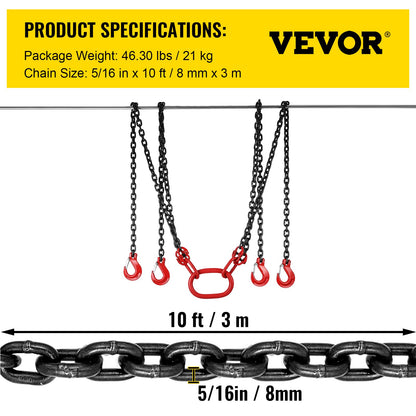 VEVOR Chain Sling 5/16" X 10' Engine Lift Chain G80 Alloy Steel Engine Chain Hoist Lifts 3 Ton with 4 Leg Grab Hooks and Adjuster