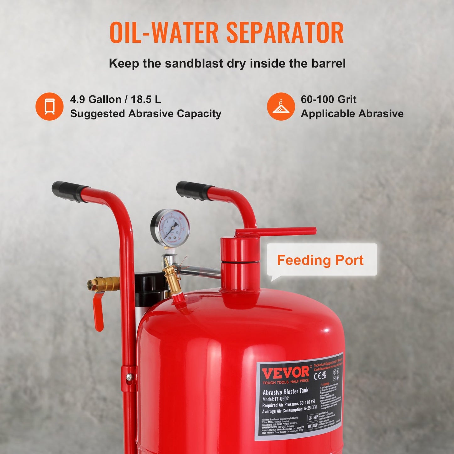 VEVOR 10Gal/40L Sandblaster Equipped w/Nozzle Shut-Off Valve Pressure Gauge Ceramic Nozzle Rubber Wheels Grit Power Sand Blasters Portable Sandblasting Equipment