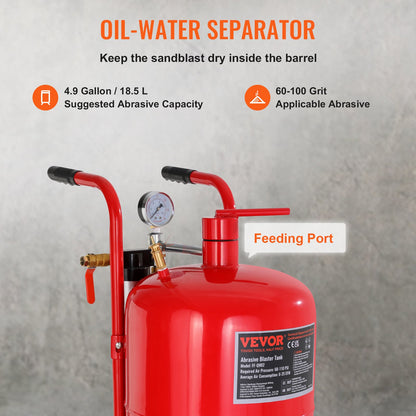 VEVOR 10Gal/40L Sandblaster Equipped w/Nozzle Shut-Off Valve Pressure Gauge Ceramic Nozzle Rubber Wheels Grit Power Sand Blasters Portable Sandblasting Equipment