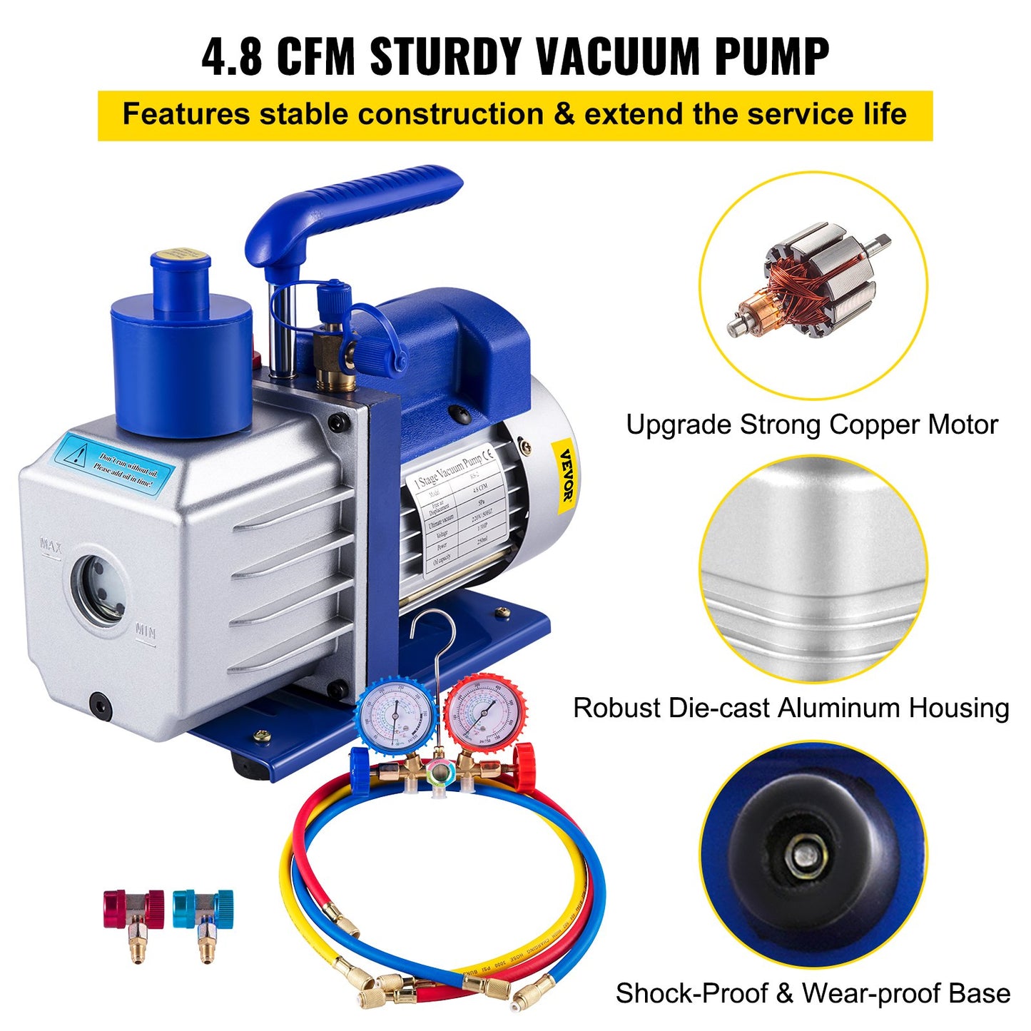 VEVOR Vacuum Pump 4.8CFM 1/3HP Air Vacuum Pump HVAC A/C Air Refrigerant Rotary Vane Vacuum Pump Single Stage 4 Valve AC Manifold Gauge Set (4.8CFM1/3HP)