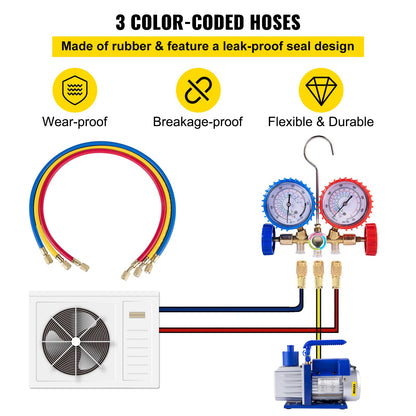 VEVOR Vacuum Pump 4.8CFM 1/3HP Air Vacuum Pump HVAC A/C Air Refrigerant Rotary Vane Vacuum Pump Single Stage 4 Valve AC Manifold Gauge Set (4.8CFM1/3HP)