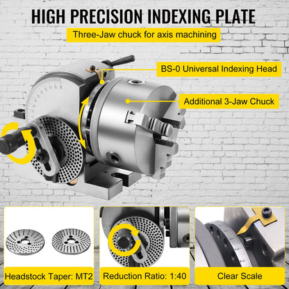 VEVOR BS-0 Dividing Head 5 Inch, Precision Dividing Head Set with 5" 3-jaw Chuck & Tailstock Dividing Plates for Milling Machine
