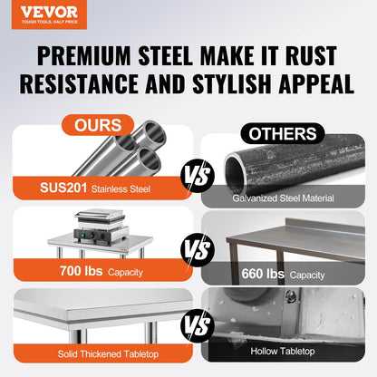 VEVOR Commercial Worktable & Workstation 24 x 30 x 32 Inch Stainless Steel Work Table Heavy Duty Commercial Food Prep Work Table for Home, Kitchen, Restaurant Metal Prep Table with Adjustable Feet