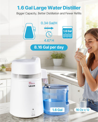 VEVOR 6L Water Distiller Home Countertop Purifier Machine 900W Plastic Container