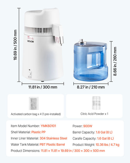 VEVOR 6L Water Distiller Home Countertop Purifier Machine 900W Plastic Container