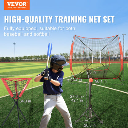 VEVOR 7x7 Baseball Softball Practice Net, Portable Baseball Training Net for Hitting Catching Pitching, Backstop Baseball Equipment with Bow Frame, Carry Bag, Strike Zone, Ball, Tee, Ball Collector