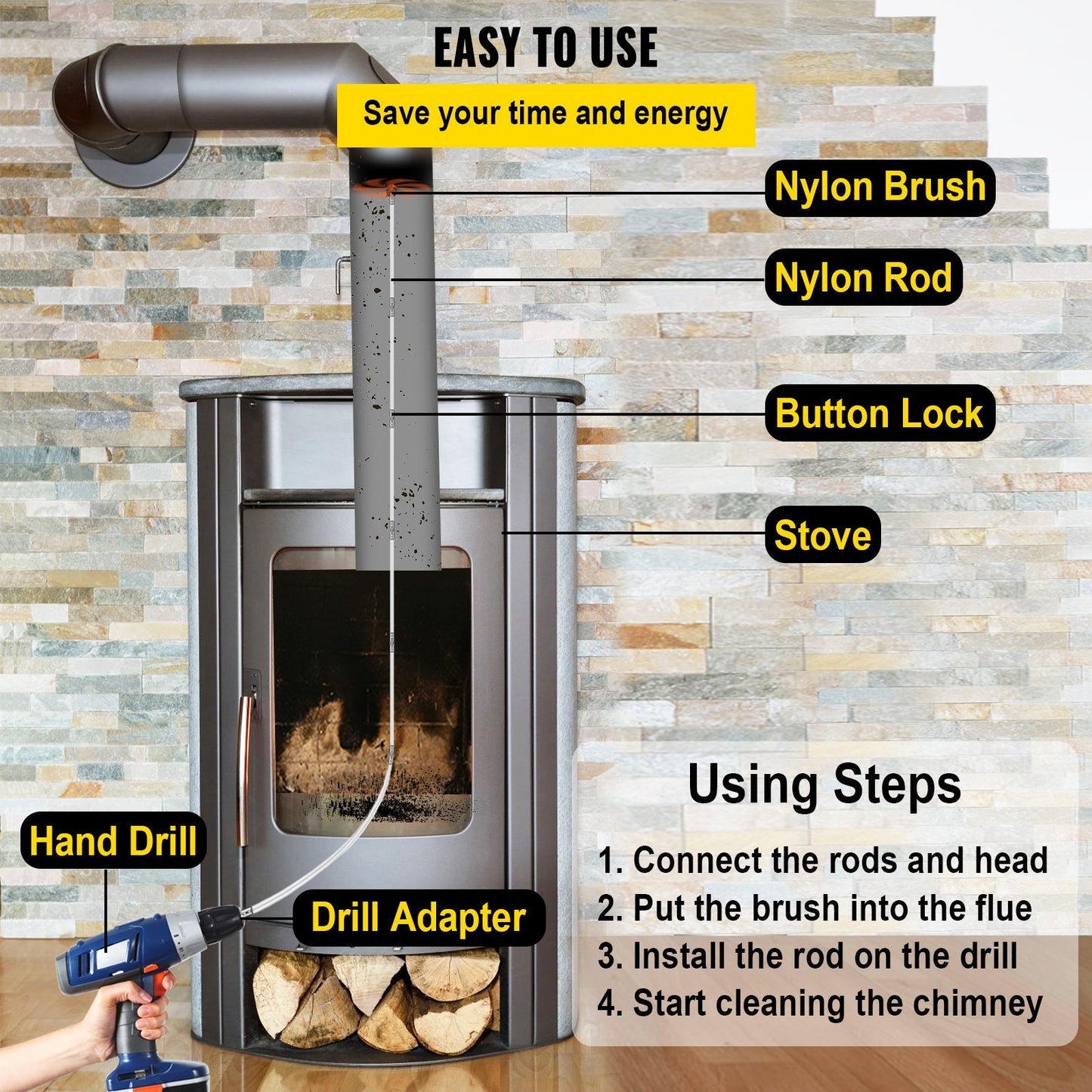 VEVOR Chimney Sweeping Brush Rotary Chimney Brush 315Inch Chimney Brush Rod Kit 8 Rods with Nylon Flexible Rods (8 Rods)
