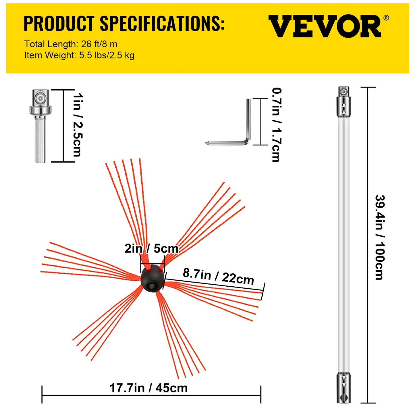 VEVOR Chimney Sweeping Brush Rotary Chimney Brush 315Inch Chimney Brush Rod Kit 8 Rods with Nylon Flexible Rods (8 Rods)