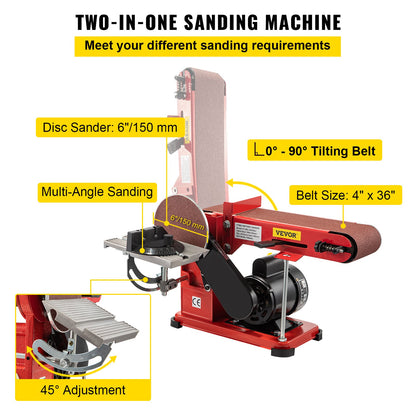 VEVOR Belt Sander 4" x 36", Disc Combo Sander 6",Electric Adjustable Bench Belt Sander 375W,Grinder Bench Sanding Machine With 4 Rubber Foot Pad