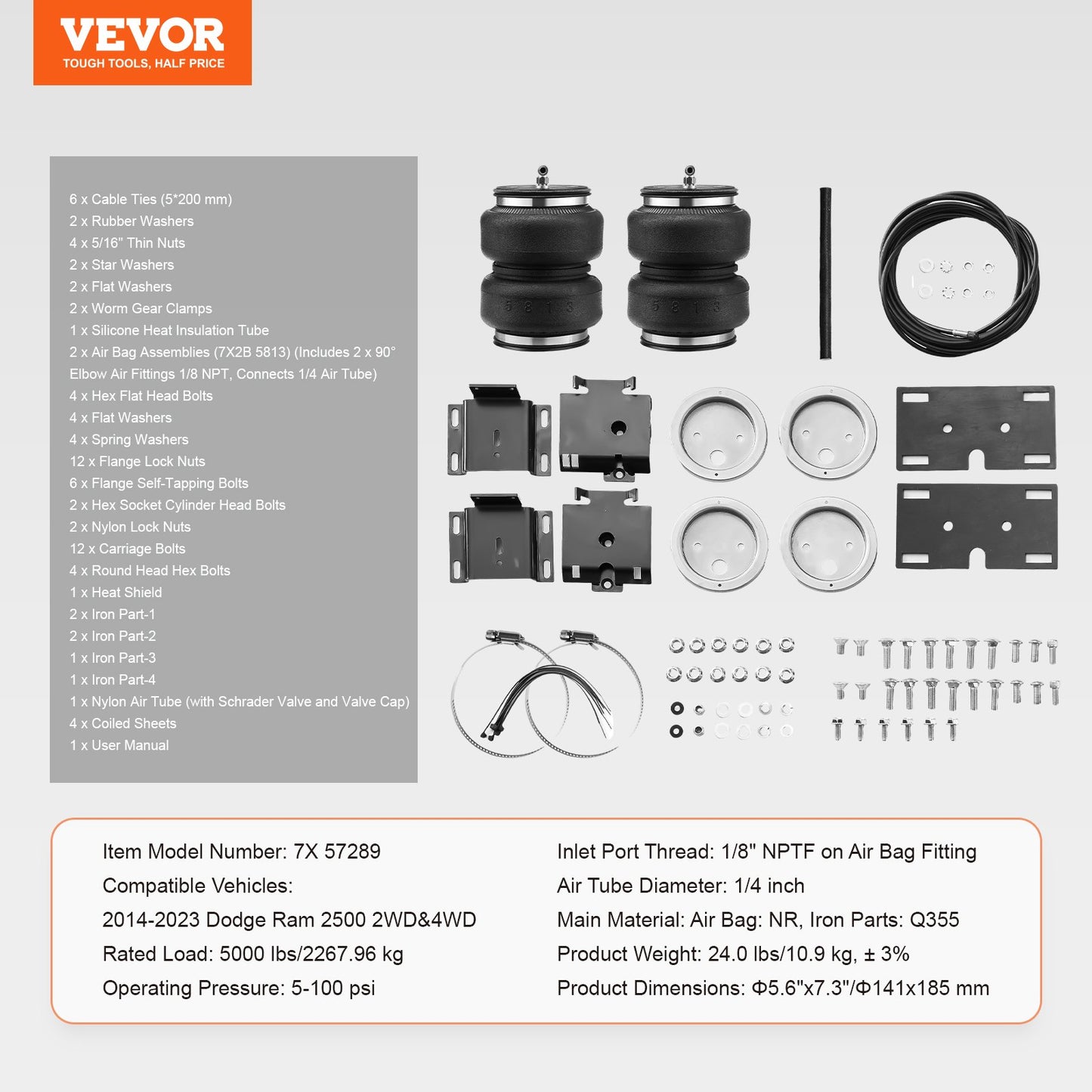VEVOR Air Bag Suspension Kit, Air Springs Suspension Bag Kit Compatible with 2014-2023 Dodge Ram 2500 2WD 4WD, 5000 lbs Loading, 5 to 100 PSI