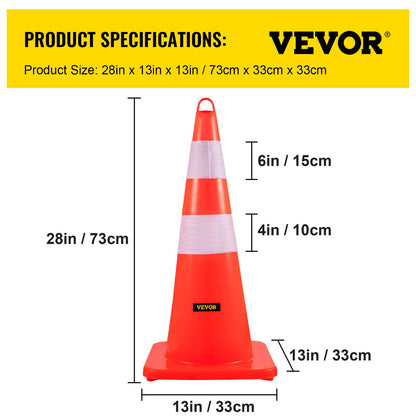 VEVOR Safety Cones, 10PCS 28\" Traffic Cones, PVC Orange Construction Cones, 2 Reflective Collars Traffic Cones with Weighted Base and Hand-Held Ring Used for Traffic Control, Driveway Road Parking