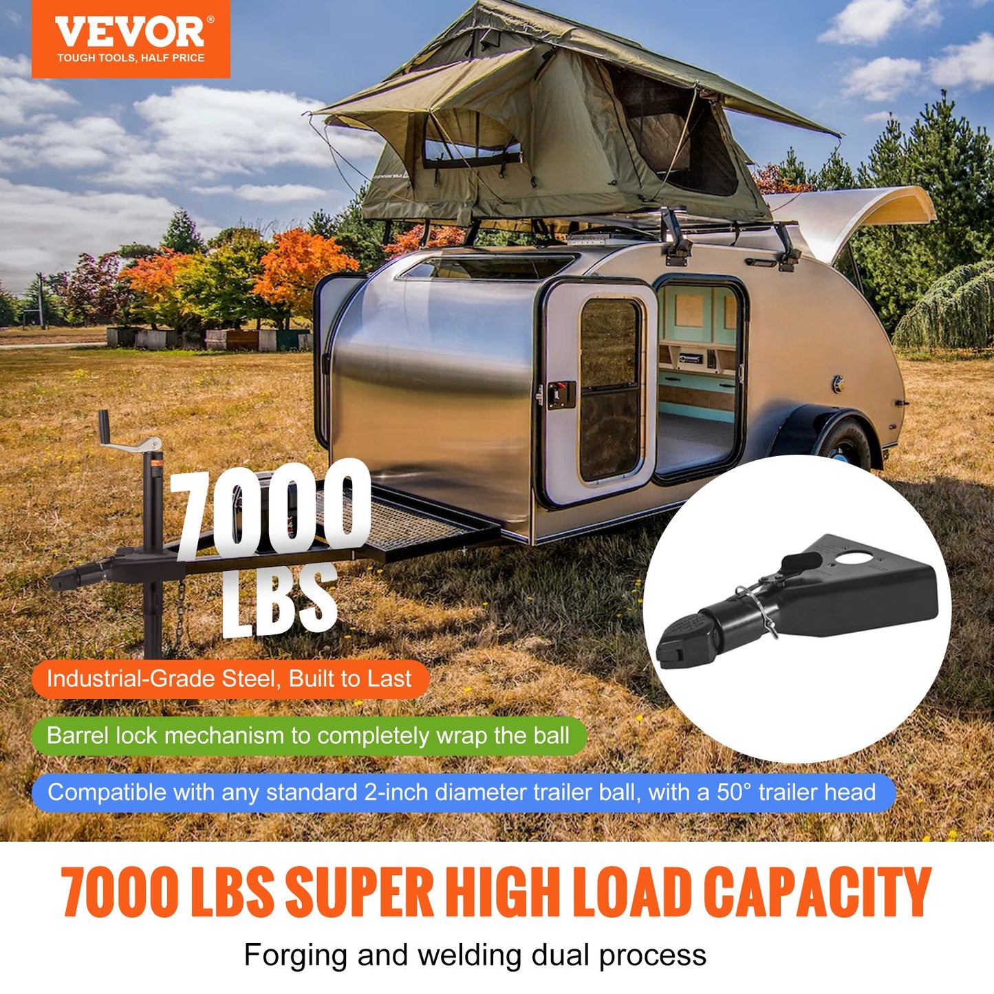 VEVOR A-Frame Trailer Coupler, Fits 2-Inch Hitch Ball Size, 7000 lbs Towing Capacity, Heavy Duty Steel Coupler, Ideal for Towing Station Wagons, Pickup Trucks, SUVs, Campers, Black Coating Surface