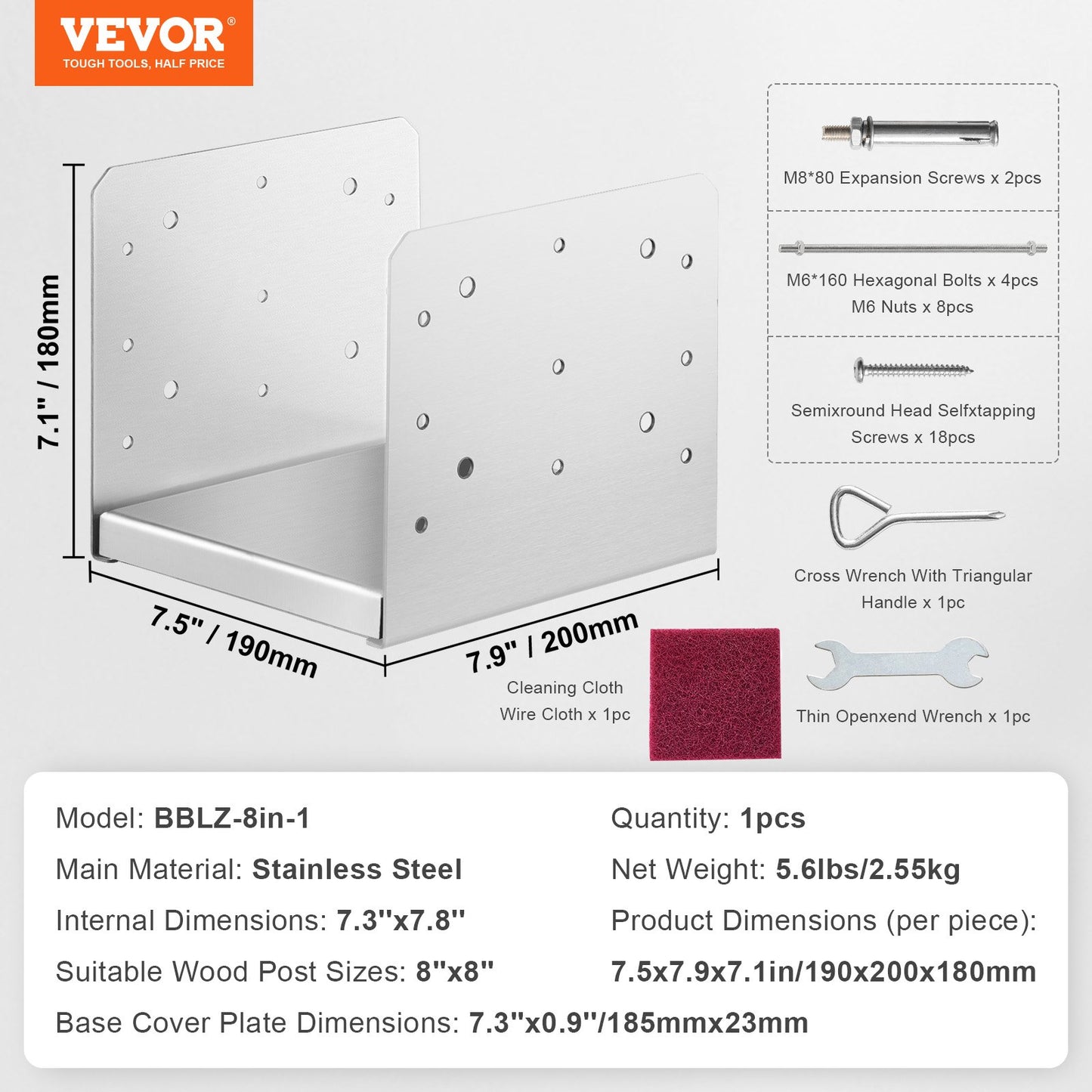203.2x203.2mm Post Base, 1Pcs Stainless Steel Adjustable Post Anchor Bracket(Internal 198 x 185), Adjustable Post Base for Pavilion Deck Porch Handrail Railing Support Decorative Anchor Plate