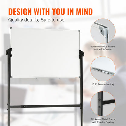 VEVOR 91.5x61cm Rolling Magnetic Whiteboard, Double-sided Mobile Whiteboard, Adjustable Height Dry Erase Board with Wheels, 1 Magnetic Erase & 3 Dry Erase Markers & Movable Tray Office, School