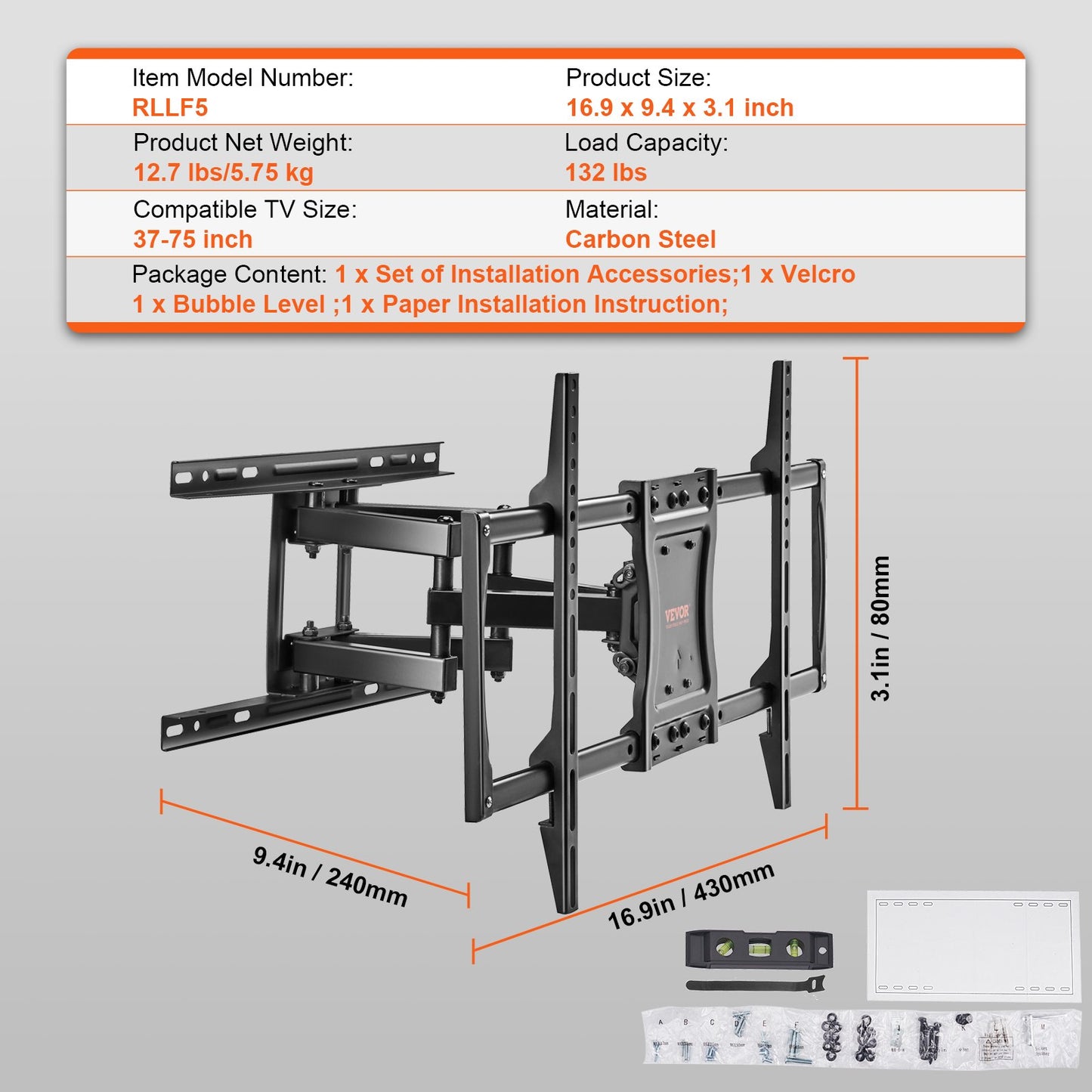 VEVOR Full Motion TV Mount Fits for Most 37-75 inch TVs, Swivel Tilt Horizontal Adjustment TV Wall Mount Bracket with 4 Articulating Arms, Max VESA 600x400mm, Holds up to 132 lbs