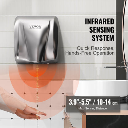 VEVOR Heavy Duty Commercial Hand Dryer, 1800W Automatic High Speed Stainless Steel Warm Wind Hand Blower, 220V-240V Plug In/Hardwired Two Power Options, Compliant for Industry Business Restrooms