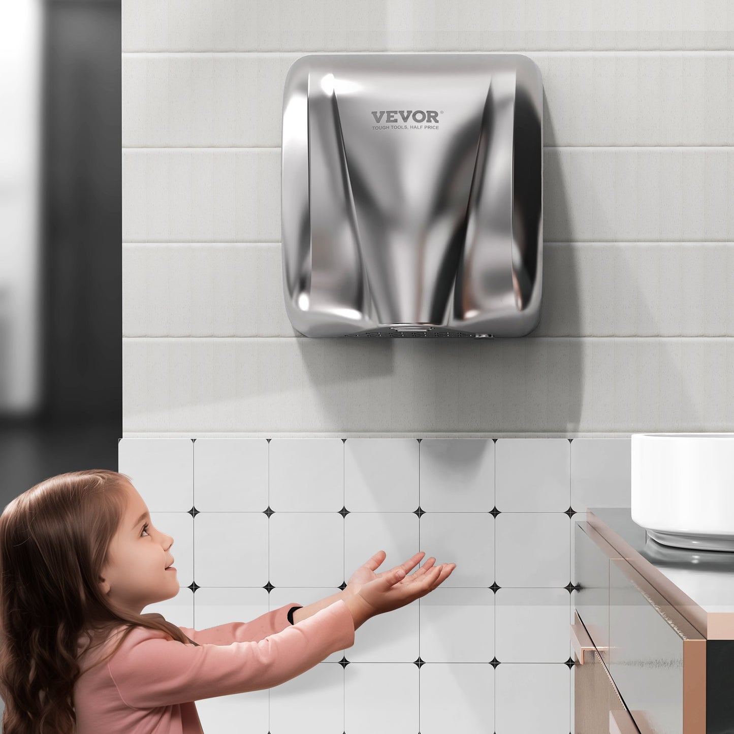 VEVOR Heavy Duty Commercial Hand Dryer, 1800W Automatic High Speed Stainless Steel Warm Wind Hand Blower, 220V-240V Plug In/Hardwired Two Power Options, Compliant for Industry Business Restrooms