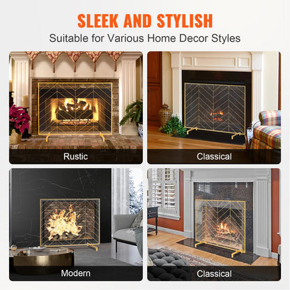 VEVOR 980x758MM Fireplace Screen 1-Panel Iron Mesh Spark Guard Modern Gold