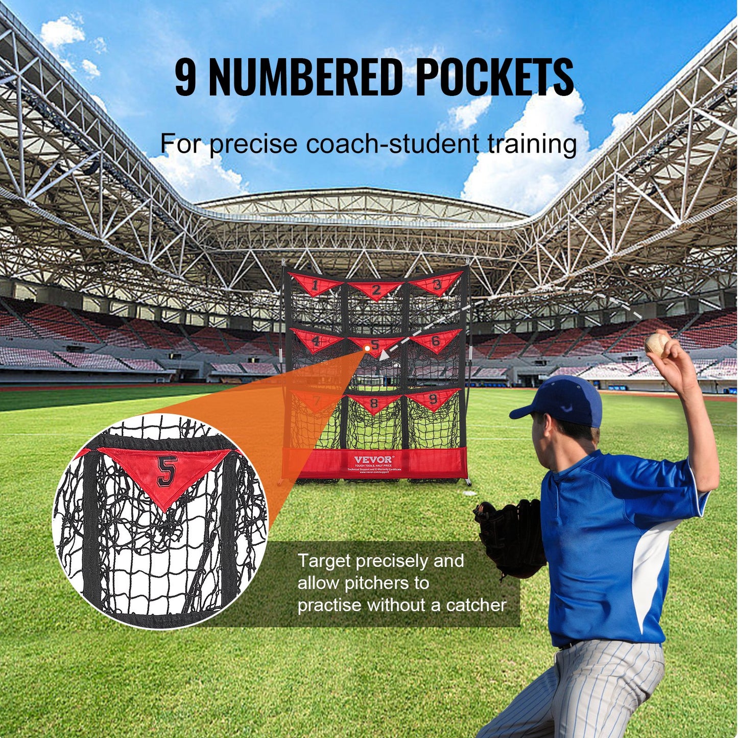 VEVOR 9 Hole Baseball Softball Pitching Net 9 Pocket Hitting Practice 49"x42"